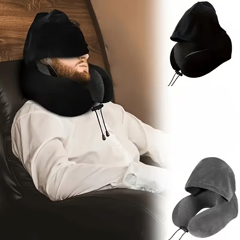 Travel Neck Pillow with Hood & Eye Mask